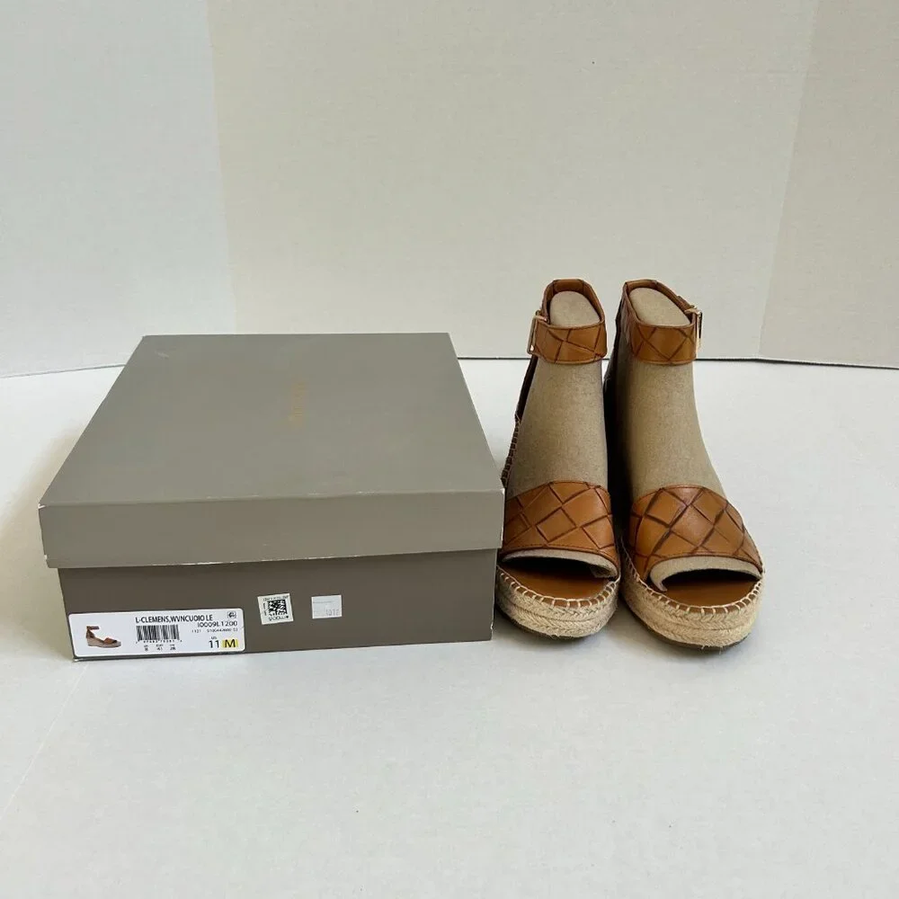 Size 11 Women's Brown Leather Franco Sarto Clemens Wedge Espadrille Sandals - Picture 4 of 9